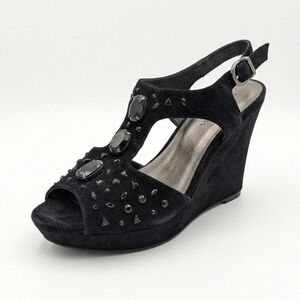 Reba Black Suede Jeweled Wedge Ankle Strap Sandals Size 10
